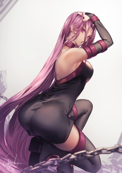 Anime picture 700x990 with fate (series) fate/stay night rider kyouya (mukuro238) single tall image looking at viewer breasts light erotic purple eyes bare shoulders signed purple hair ass very long hair looking back adjusting hair squat hand on head forehead mark