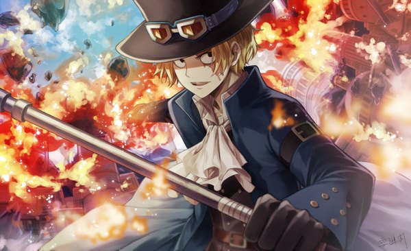 Anime picture 1300x793 with one piece toei animation sabo (one piece) angel31424 single short hair open mouth blonde hair wide image holding black eyes boy gloves black gloves belt buttons fire goggles top hat