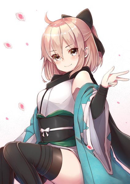 Anime picture 1300x1839 with fate (series) fate/grand order koha-ace okita souji (fate) (all) okita souji (koha-ace) pilokey single tall image looking at viewer blush fringe short hair simple background smile hair between eyes white background bare shoulders pink hair ahoge traditional clothes