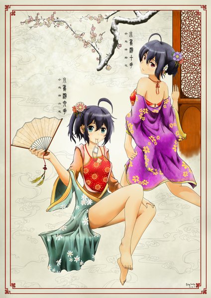 Anime picture 2480x3508 with chuunibyou demo koi ga shitai! kyoto animation takanashi rikka takanashi touka bing gang tall image blush highres short hair blue eyes black hair red eyes multiple girls traditional clothes japanese clothes barefoot legs one side up girl hair ornament