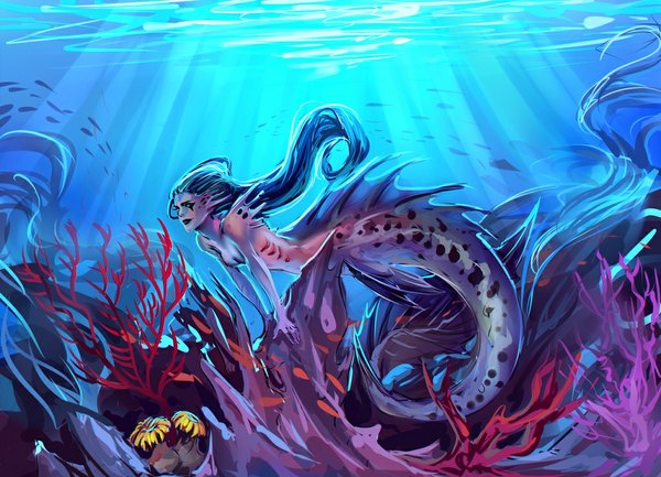 Anime picture 1024x740 with original moni158 single long hair light erotic green eyes blue hair sunlight underwater girl fish (fishes) mermaid coral fin (fins)