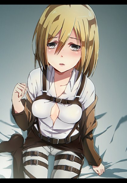 Anime picture 696x1000 with shingeki no kyojin production i.g krista lenz keita (tundereyuina) single long hair tall image looking at viewer blush fringe breasts open mouth light erotic blonde hair sitting cleavage grey eyes looking up girl uniform