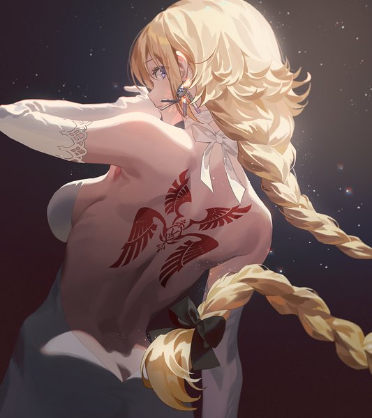 Anime picture 888x1000 with fate (series) fate/grand order fate/apocrypha jeanne d'arc (fate) (all) jeanne d'arc (fate) fajyobore single long hair tall image looking at viewer fringe breasts blue eyes light erotic simple background blonde hair standing bare shoulders payot braid (braids)