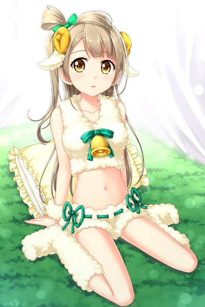 Anime picture 1000x1500 with love live! school idol project sunrise (studio) love live! minami kotori tucana single long hair tall image blush light erotic brown hair yellow eyes full body light smile midriff one side up dated girl navel hair ornament