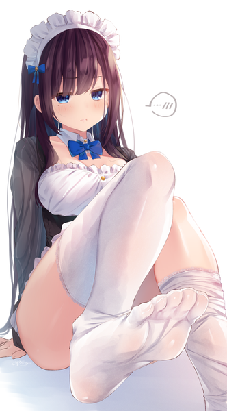Anime picture 1134x2048 with original maid-chan (ramchi) ramchi single long hair tall image looking at viewer blush fringe breasts blue eyes light erotic simple background brown hair white background sitting payot bent knee (knees) mole arm support