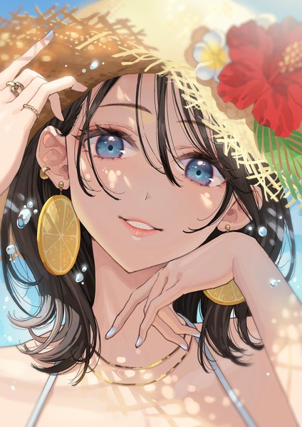 Anime picture 1447x2047 with original okuma mai single tall image looking at viewer fringe short hair blue eyes black hair smile hair between eyes upper body nail polish parted lips head tilt adjusting hat hand on face blue nail polish girl flower (flowers)