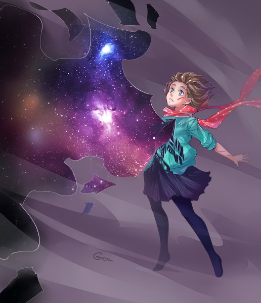 Anime picture 1032x1200 with original mikoele tall image short hair blue eyes simple background brown hair wind grey background torn clothes polka dot space girl skirt pantyhose scarf star (stars) scratch