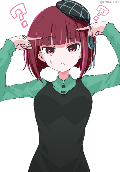 Anime picture 2864x4093 with oshi no ko arima kana white gorilla (okamoto) single tall image looking at viewer fringe highres short hair simple background red eyes white background signed upper body red hair blunt bangs arms up twitter username sweatdrop ?