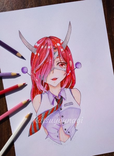 Anime picture 598x819 with original katsuyounagi single long hair tall image fringe open mouth red eyes bare shoulders upper body red hair horn (horns) light smile hair over one eye hands behind back traditional media colored pencil (medium) photo (medium) girl shirt