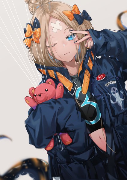 Anime picture 800x1132 with fate (series) fate/grand order abigail williams (fate) dangmill single long hair tall image looking at viewer blush blue eyes simple background blonde hair holding long sleeves nail polish one eye closed wink blurry grey background open jacket