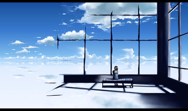 Anime picture 1300x770 with original megatruh single long hair black hair wide image sitting bare shoulders sky cloud (clouds) from behind letterboxed scenic girl window sundress bench