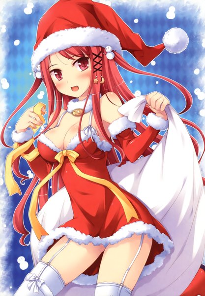 Anime picture 3247x4669 with ko~cha single long hair tall image blush highres breasts open mouth light erotic red eyes standing bare shoulders absurdres red hair teeth fang (fangs) two side up fur trim christmas girl