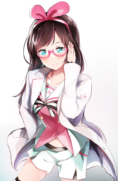Anime picture 592x905 with virtual youtuber a.i. channel kizuna ai neofreet single long hair tall image looking at viewer blush fringe simple background brown hair standing multicolored hair aqua eyes light smile open clothes two-tone hair streaked hair hand in pocket
