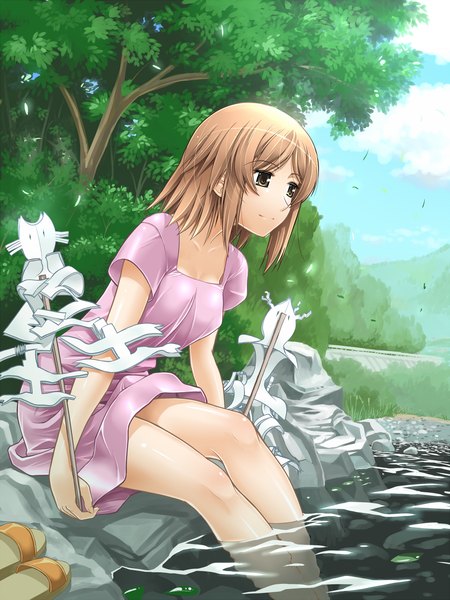 Anime picture 1200x1600 with original r-ex (artist) single tall image brown hair sitting brown eyes sky cloud (clouds) light smile wind legs scenic girl dress plant (plants) animal tree (trees) water leaf (leaves)