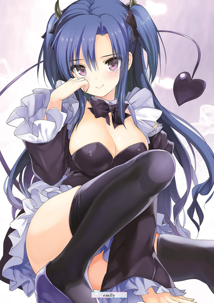 Anime picture 1451x2048 with alice or alice yamiri (alice or alice) emily (pure dream) single long hair tall image looking at viewer blush fringe breasts light erotic smile hair between eyes large breasts purple eyes payot blue hair cleavage tail horn (horns)