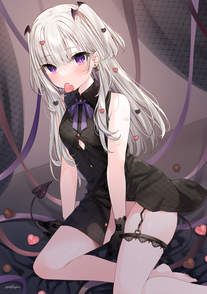 Anime picture 1410x1998 with original mafuyu (chibi21) single long hair tall image looking at viewer blush fringe breasts light erotic sitting purple eyes bare shoulders holding signed silver hair bent knee (knees) tail blunt bangs barefoot