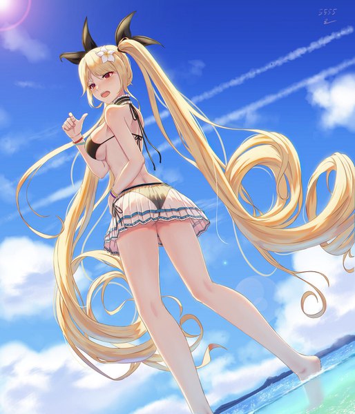 Anime picture 1233x1440 with azur lane nelson (azur lane) 5555 96 single tall image looking at viewer blush fringe breasts open mouth light erotic blonde hair red eyes large breasts standing twintails signed sky cloud (clouds) ass