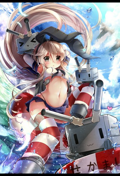 Anime picture 680x1000 with kantai collection shimakaze destroyer rensouhou-chan ninjinshiru single tall image blush light erotic blonde hair brown eyes sky cloud (clouds) very long hair girl thighhighs skirt gloves navel bow weapon