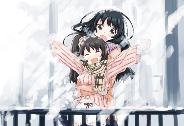 Anime picture 1600x1099 with original abe kanari long hair blush open mouth black hair multiple girls eyes closed black eyes spread arms girl 2 girls scarf sweater mittens