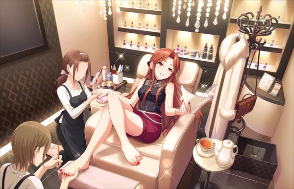 Anime picture 1280x824 with idolmaster idolmaster cinderella girls idolmaster cinderella girls starlight stage zaizen tokiko annindoufu (oicon) long hair looking at viewer blush smile brown hair multiple girls brown eyes nail polish sparkle legs sleeveless crossed legs reclining tea set girl