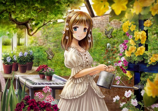 Anime picture 2697x1900 with original chocolat single looking at viewer blush highres short hair blue eyes black hair smile girl dress flower (flowers) plant (plants) insect butterfly watering can