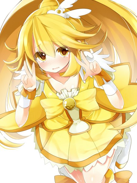 Anime picture 1000x1333 with precure smile precure! toei animation kise yayoi cure peace kazu kakao single tall image blush short hair simple background blonde hair white background yellow eyes bent knee (knees) parted lips embarrassed victory girl dress