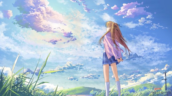 Anime picture 1920x1080 with white album 2 ogiso setsuna yuko-san single long hair fringe highres blonde hair wide image standing twintails sky cloud (clouds) pleated skirt wind sunlight from below plaid skirt hands behind back sunbeam