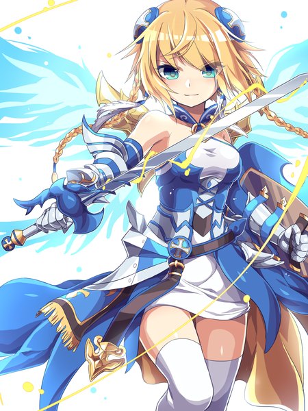 Anime-Bild 1500x2000 mit puzzle & dragons valkyrie (p&d) water valkyrie (p&d) kozakura (dictionary) single long hair tall image looking at viewer blush fringe blonde hair simple background smile standing white background bare shoulders holding payot tail braid (braids)