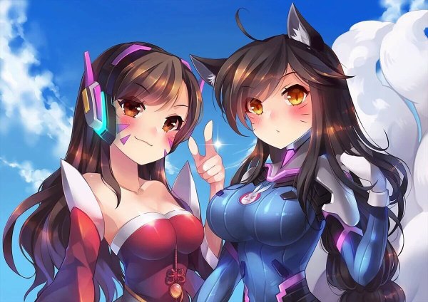 イラスト 1200x848 と league of legends オーバーウォッチ blizzard entertainment ahri (league of legends) d.va (overwatch) hamifr 長髪 カメラ目線 赤面 前髪 おっぱい 黒髪 笑顔 大きな乳房 肩出し multiple girls 茶目 獣耳 空 cleavage