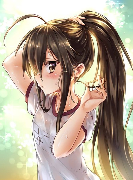 Anime picture 744x1005 with shakugan no shana j.c. staff shana ks single long hair tall image blush fringe hair between eyes brown eyes payot ahoge upper body ponytail parted lips profile sunlight short sleeves sweat