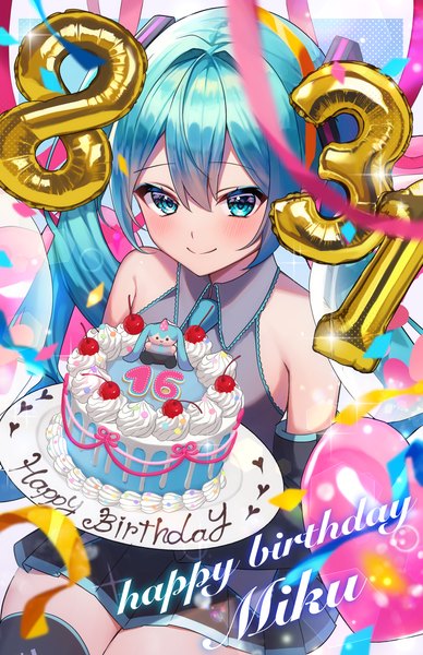 Anime picture 2268x3508 with vocaloid hatsune miku awayuki poko single long hair tall image looking at viewer blush fringe highres smile hair between eyes twintails bare shoulders payot aqua eyes aqua hair character names dated happy birthday