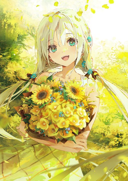 Anime picture 848x1200 with original dsmile single long hair tall image looking at viewer fringe open mouth blue eyes hair between eyes twintails silver hair :d hair flower sleeveless low twintails girl flower (flowers) bouquet sunflower