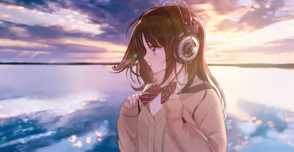 Anime picture 2560x1331 with original s'next final tsukigami luna single long hair blush fringe highres brown hair wide image standing purple eyes looking away sky cloud (clouds) outdoors profile sleeves past wrists horizon girl