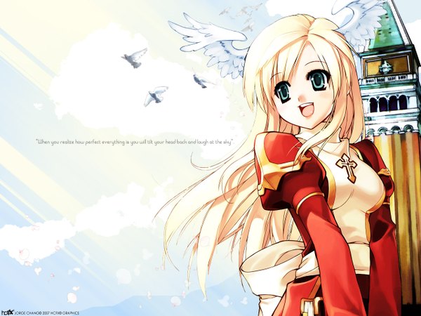 Anime picture 1280x960 with ragnarok online high priest tagme (artist) honchay single long hair open mouth blue eyes blonde hair smile signed cloud (clouds) upper body outdoors :d sunlight sunbeam head wings cropped girl