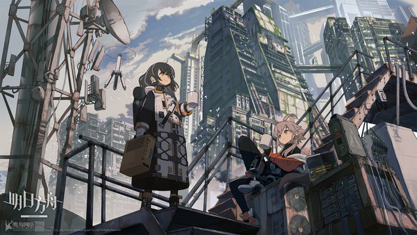 Anime picture 1920x1080 with arknights magallan (arknights) mayer (arknights) whitebear fringe highres short hair smile wide image standing sitting multiple girls holding yellow eyes looking away sky cloud (clouds) full body ahoge bent knee (knees)