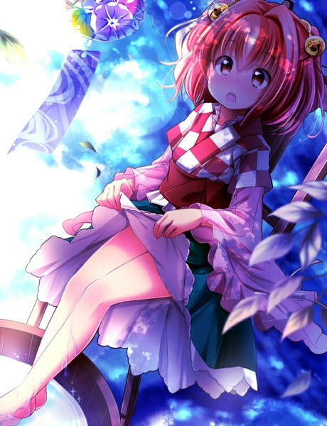 Anime picture 614x800 with touhou motoori kosuzu sui. (ayase) single tall image blush short hair open mouth light erotic pink hair traditional clothes pink eyes sunlight loli two side up legs hair bell girl plant (plants) belt