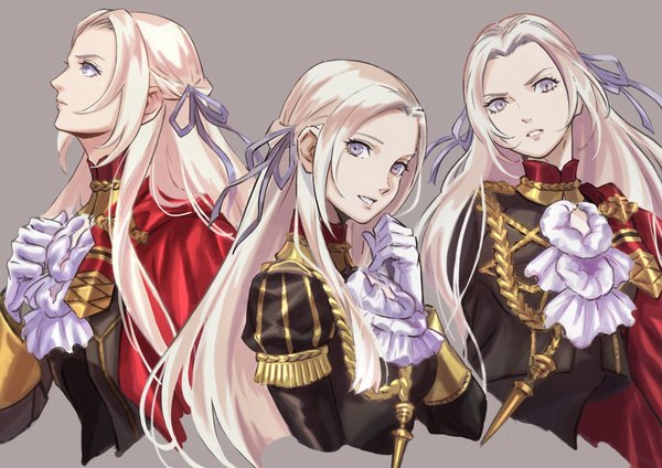 Anime picture 1200x848 with fire emblem fire emblem: three houses nintendo edelgard von hresvelg misica long hair looking at viewer simple background purple eyes looking away upper body white hair parted lips profile grey background multiview girl gloves ribbon (ribbons) hair ribbon