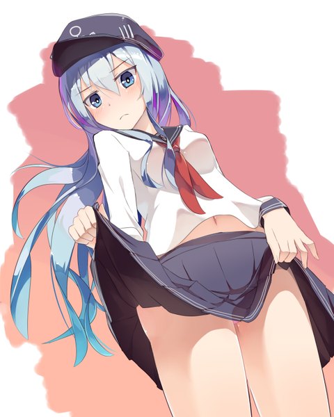 Anime picture 2400x3000 with kantai collection hibiki destroyer seneto single long hair tall image looking at viewer blush highres blue eyes light erotic blue hair skirt lift girl hat sailor suit flat cap
