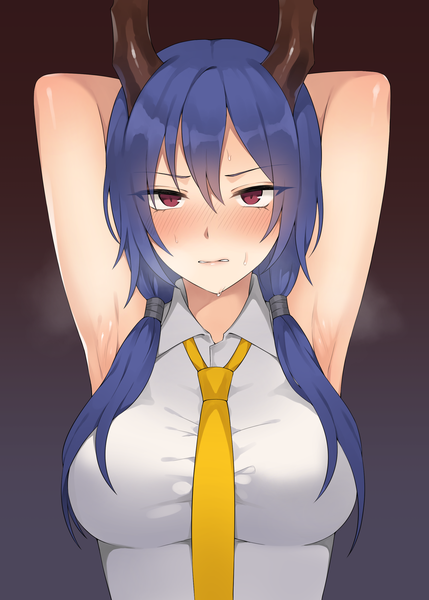 Anime-Bild 2000x2800 mit arknights ch'en (arknights) canape (canape0130) single long hair tall image looking at viewer blush fringe highres light erotic simple background hair between eyes red eyes twintails blue hair upper body horn (horns) arms up armpit (armpits)