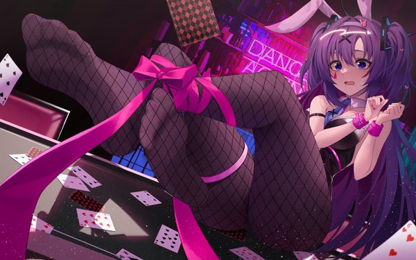 Anime picture 5125x3199 with blue archive vocaloid rabbit hole (vocaloid) yuuka (blue archive) hidel single long hair looking at viewer blush fringe highres open mouth blue eyes light erotic hair between eyes wide image sitting animal ears absurdres purple hair