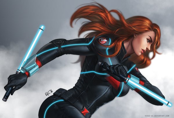 Anime picture 1000x681 with marvel comics avengers black widow virus-ac74 single long hair simple background holding green eyes signed parted lips profile lips orange hair inscription grey background floating hair glowing eyebrows open collar
