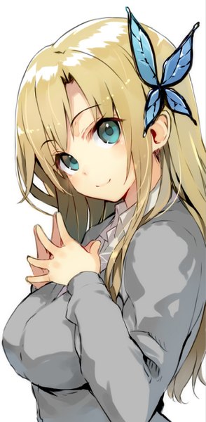 Anime picture 665x1355 with boku wa tomodachi ga sukunai kashiwazaki sena shirabi single long hair tall image looking at viewer blue eyes simple background blonde hair smile white background upper body fingers together girl hair ornament shirt jacket butterfly hair ornament