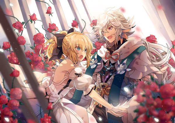 Anime picture 1000x707 with fate (series) fate/grand order artoria pendragon (all) saber lily merlin (fate) linch long hair fringe short hair open mouth blue eyes blonde hair hair between eyes bare shoulders silver hair ponytail low ponytail silver eyes falling girl