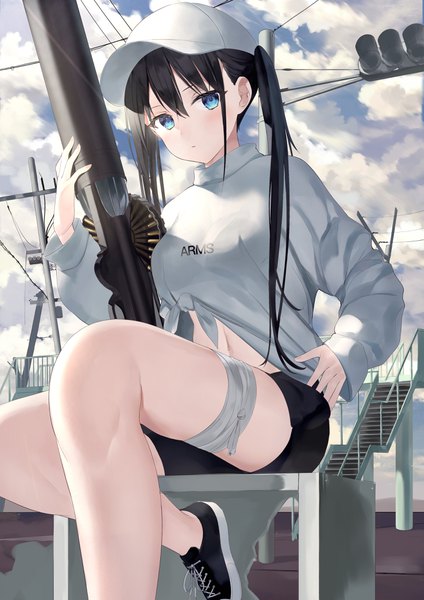 Anime picture 2897x4096 with original zukan (db tyoutyo) single long hair tall image looking at viewer blush fringe highres breasts open mouth blue eyes black hair hair between eyes sitting twintails holding sky cloud (clouds) bent knee (knees)