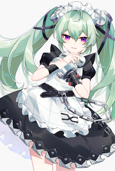 Anime picture 4500x6660 with zenless zone zero corin wickes nagano ayu single long hair tall image fringe highres simple background hair between eyes white background purple eyes twintails absurdres green hair puffy sleeves girl dress headdress maid headdress