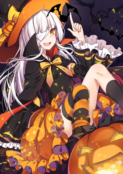 Anime picture 1061x1500 with transistor (poppy) single long hair tall image open mouth yellow eyes white hair halloween witch bandage over one eye girl thighhighs dress hat animal socks black socks bandage (bandages) witch hat striped thighhighs