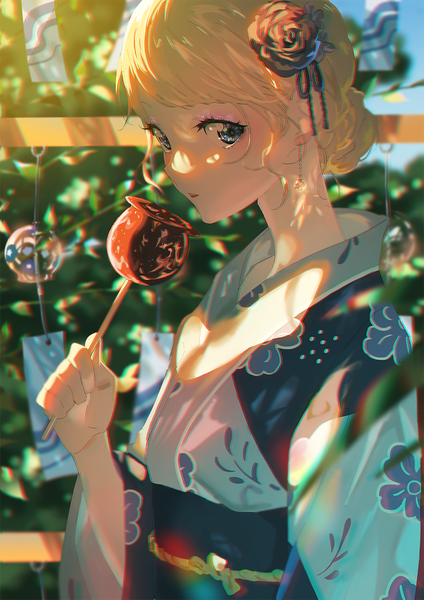 Anime picture 827x1169 with original p (pkochan) single tall image looking at viewer fringe short hair blue eyes blonde hair standing upper body outdoors traditional clothes parted lips japanese clothes hair flower blurry wide sleeves hair bun (hair buns) shaded face
