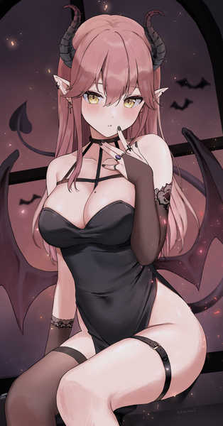 Anime picture 2888x5513 with original liliya (kaetzchen) kaetzchen single long hair tall image looking at viewer blush fringe highres breasts light erotic brown hair large breasts sitting bare shoulders yellow eyes tail nail polish parted lips
