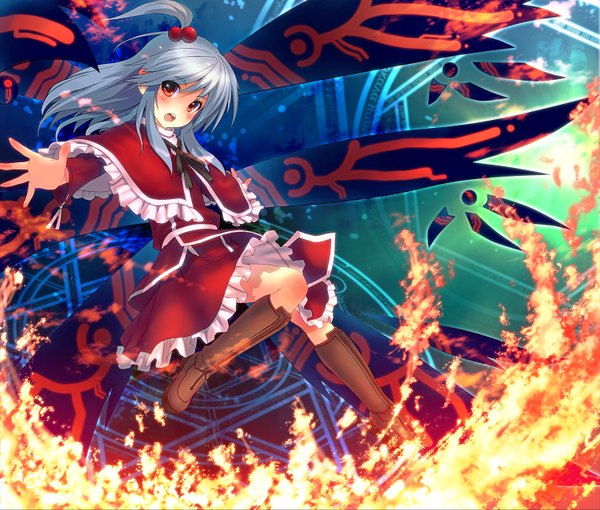 Anime picture 1500x1275 with touhou shinki (touhou) eho (icbm) single long hair looking at viewer blush open mouth red eyes blue hair one side up magic spread arms girl skirt hair ornament ribbon (ribbons) wings boots knee boots