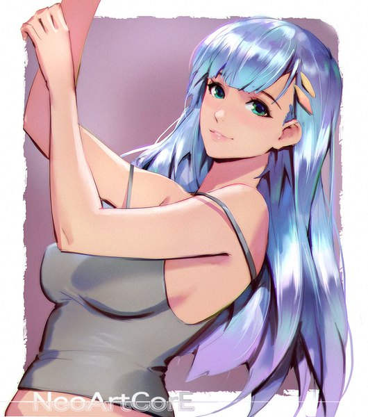 Anime picture 800x905 with original nudtawut thongmai single long hair tall image looking at viewer fringe breasts simple background large breasts green eyes signed blue hair purple hair upper body parted lips multicolored hair light smile lips realistic